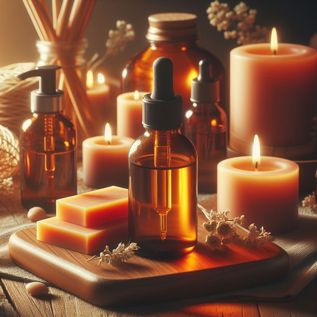 Image shows a selection of amber coloured aromatherapy oil bottles with lit candles and soaps