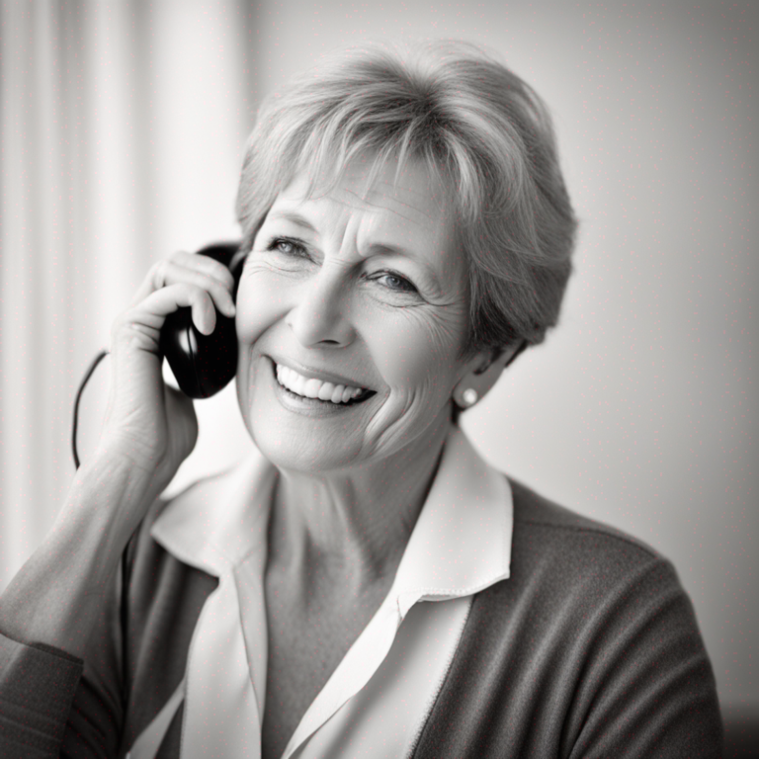 Black and white image of a smiling mature woman on a land line telephone